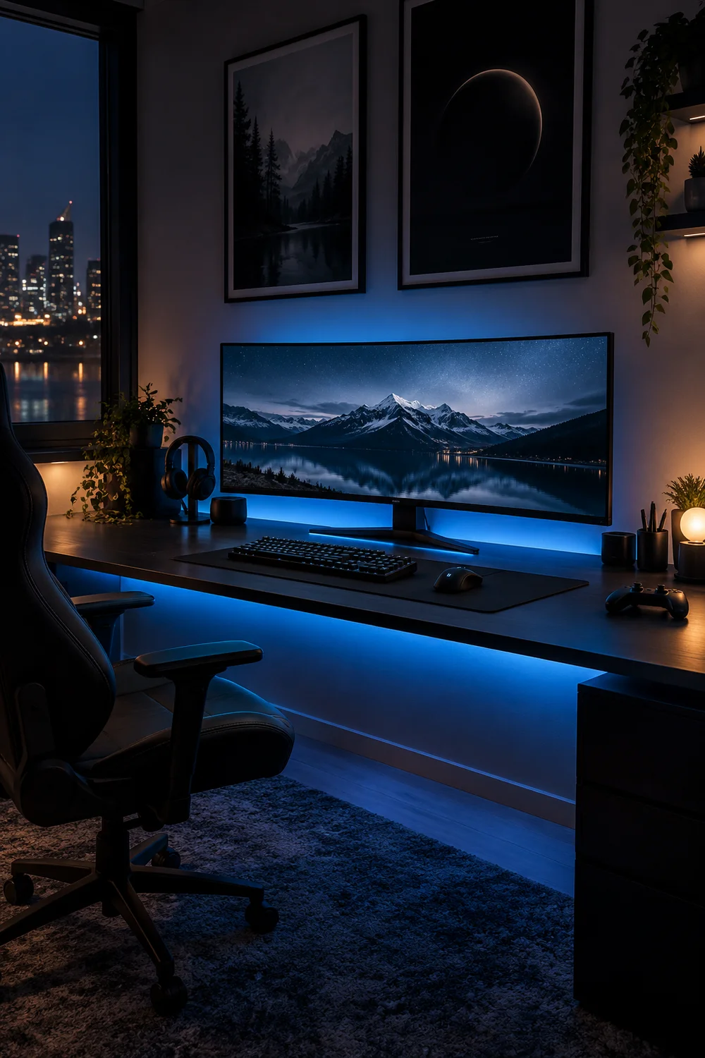 RGB strip glowing under the front edge of a gaming desk