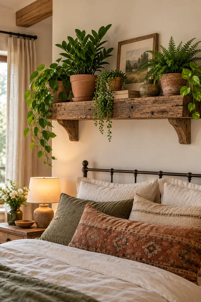 Rustic wooden shelf with terracotta pots and plants