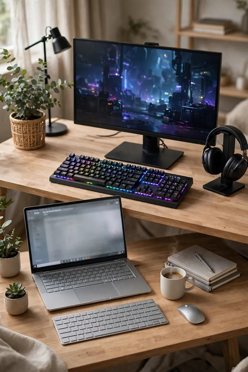 Two keyboards for work and gaming on a dual-purpose desk