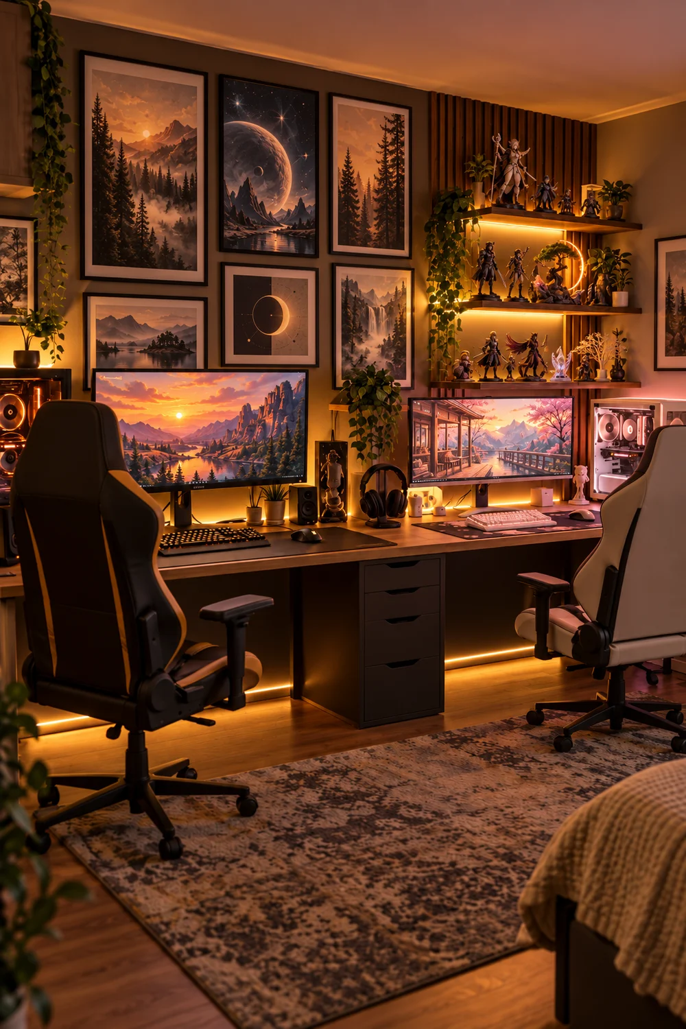 Dual gaming setup with personal decor on each side in one color palette