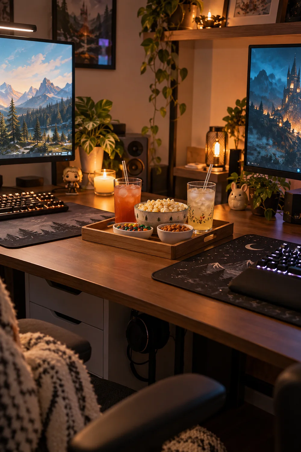 Shared snack tray in the middle of a dual gaming desk