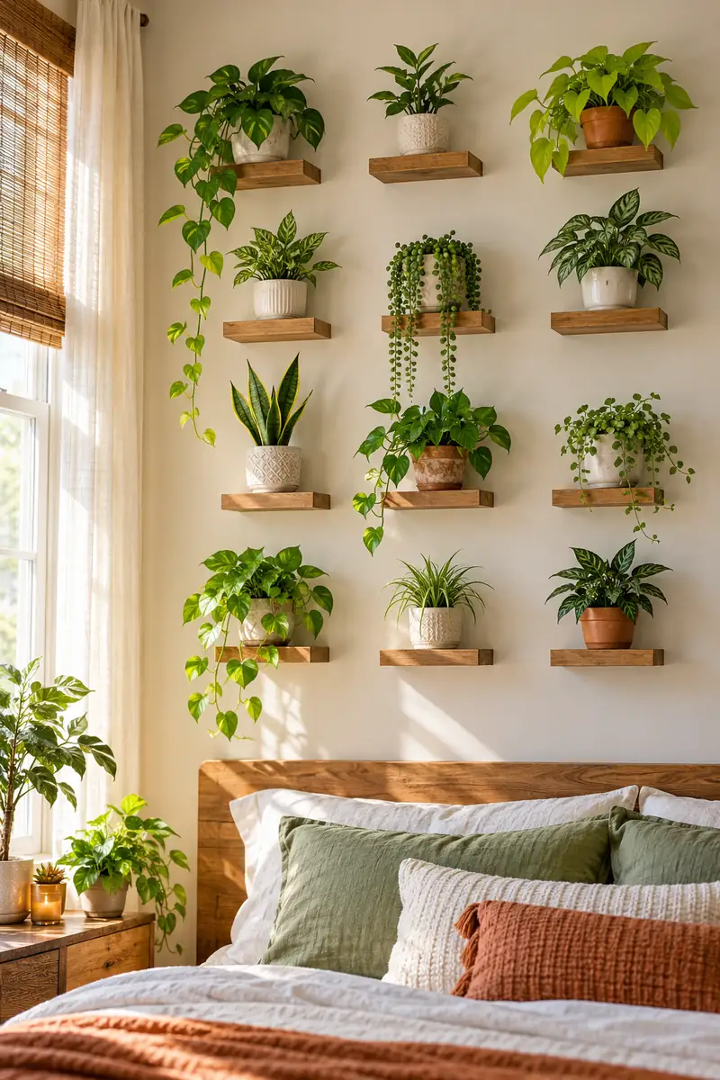 Gallery wall of small floating shelves with plants
