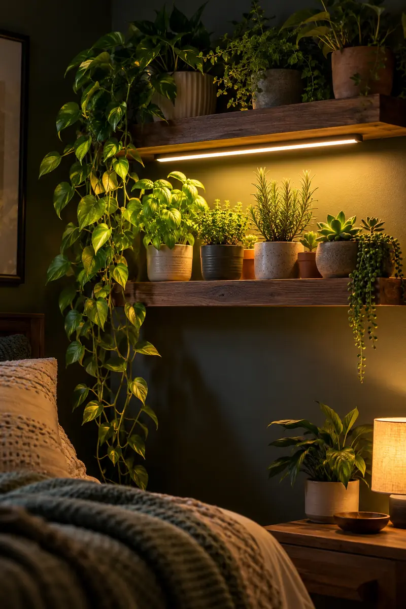 Plant shelf with LED grow light in a dark bedroom
