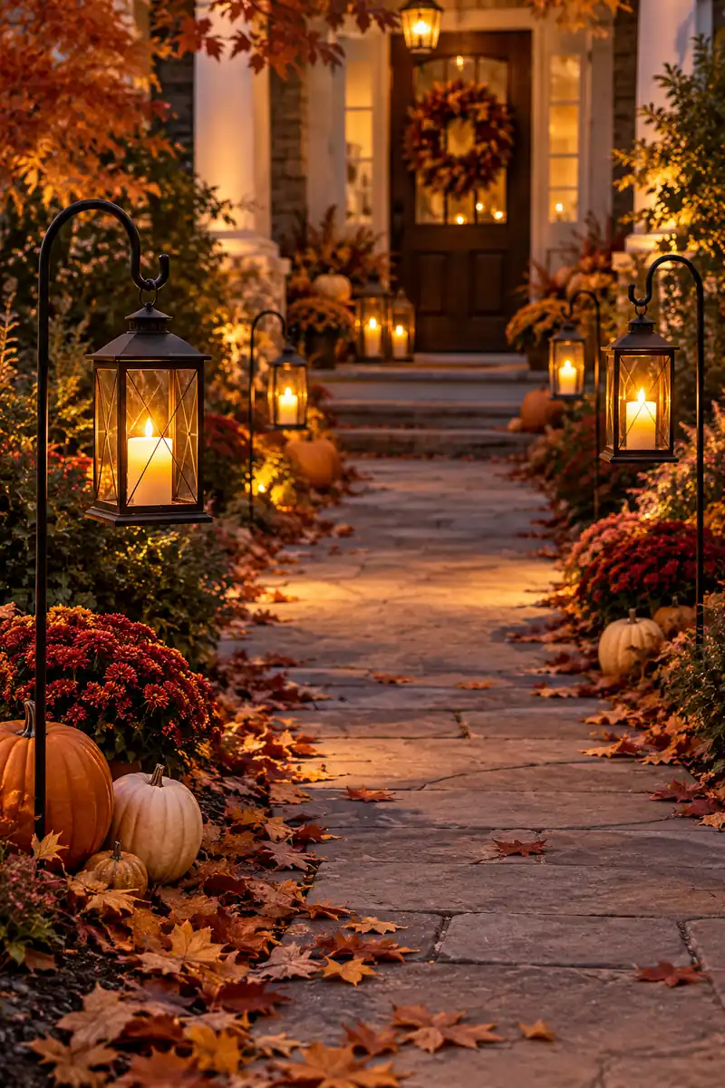 Lanterns hanging from shepherd's hooks flanking a Thanksgiving walkway