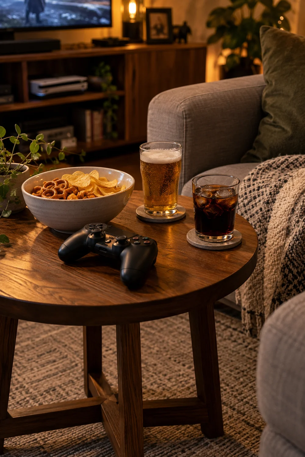Small side table with snacks and drinks beside a couch
