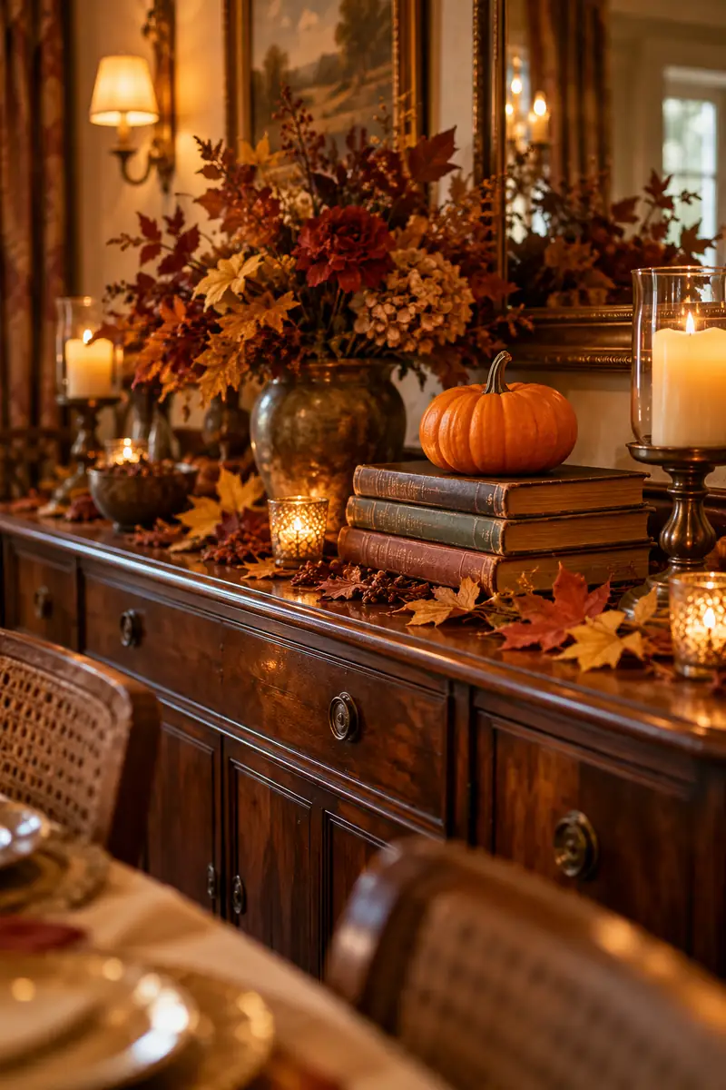 Vintage books stacked with a pumpkin on a Thanksgiving sideboard