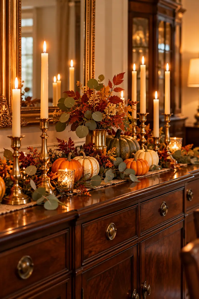 Brass candlestick trio on a Thanksgiving sideboard