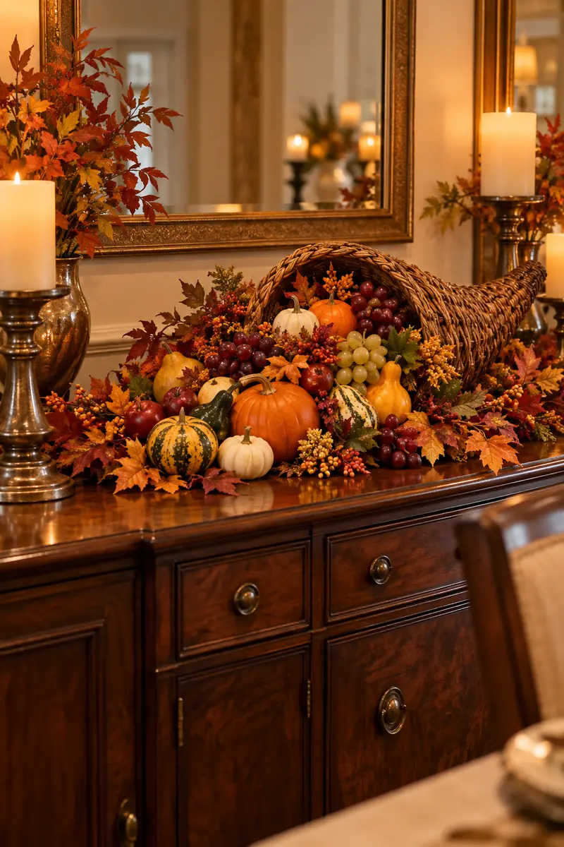Cornucopia centerpiece with harvest bounty on a Thanksgiving sideboard