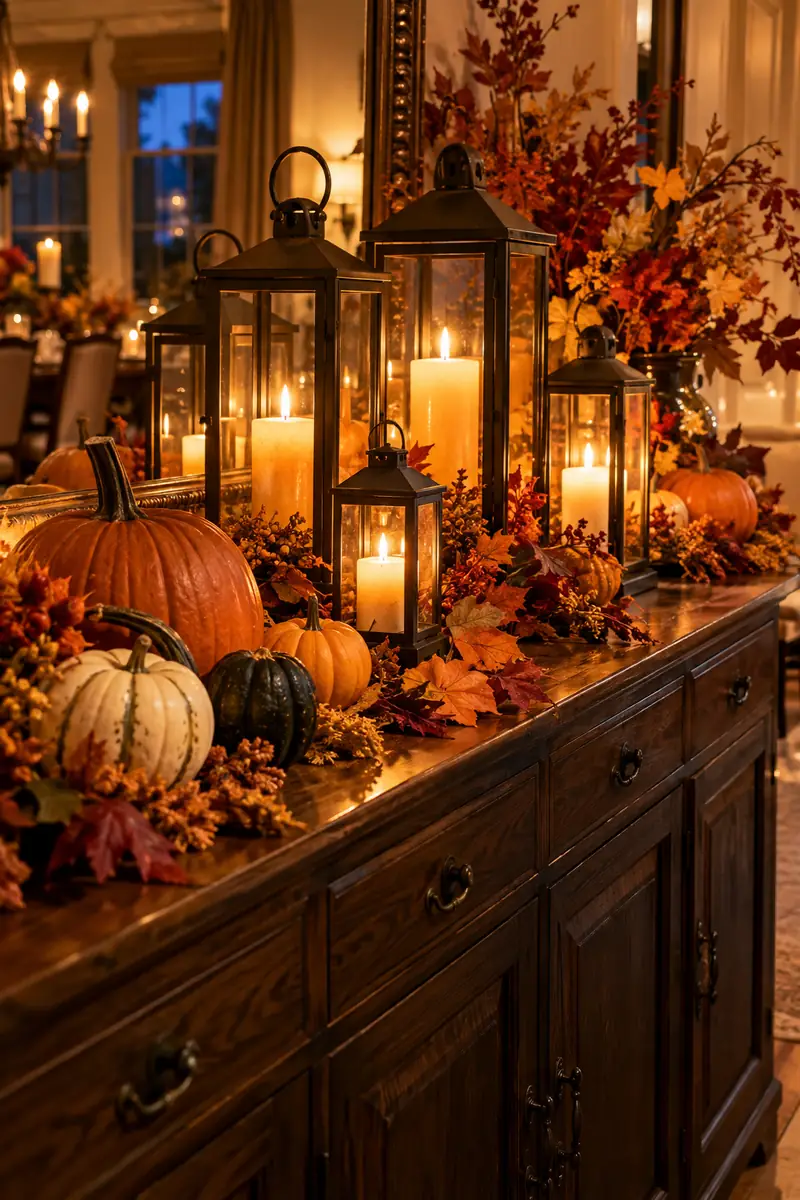 Lanterns with flameless candles on a Thanksgiving sideboard