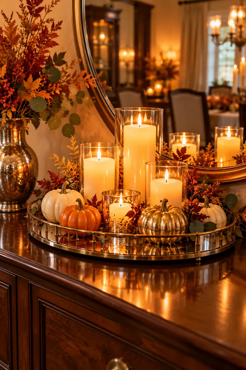 Mirror tray with candles on a Thanksgiving sideboard