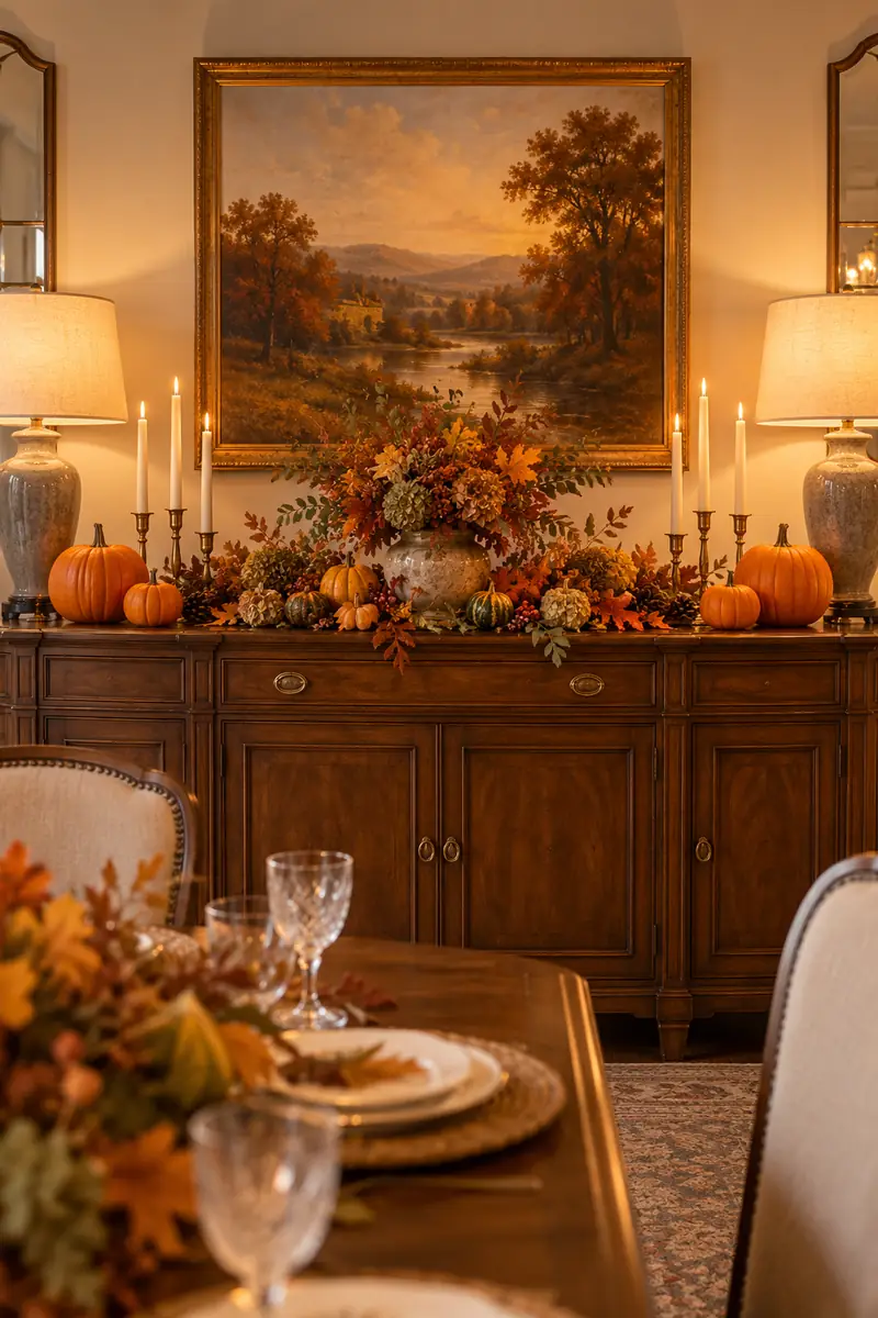 Symmetrical pumpkin and candle arrangement on a Thanksgiving sideboard