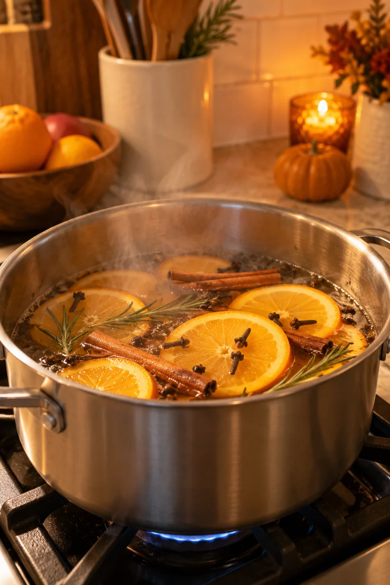 Simmer pot with orange and cinnamon on a small apartment stove for Thanksgiving scent