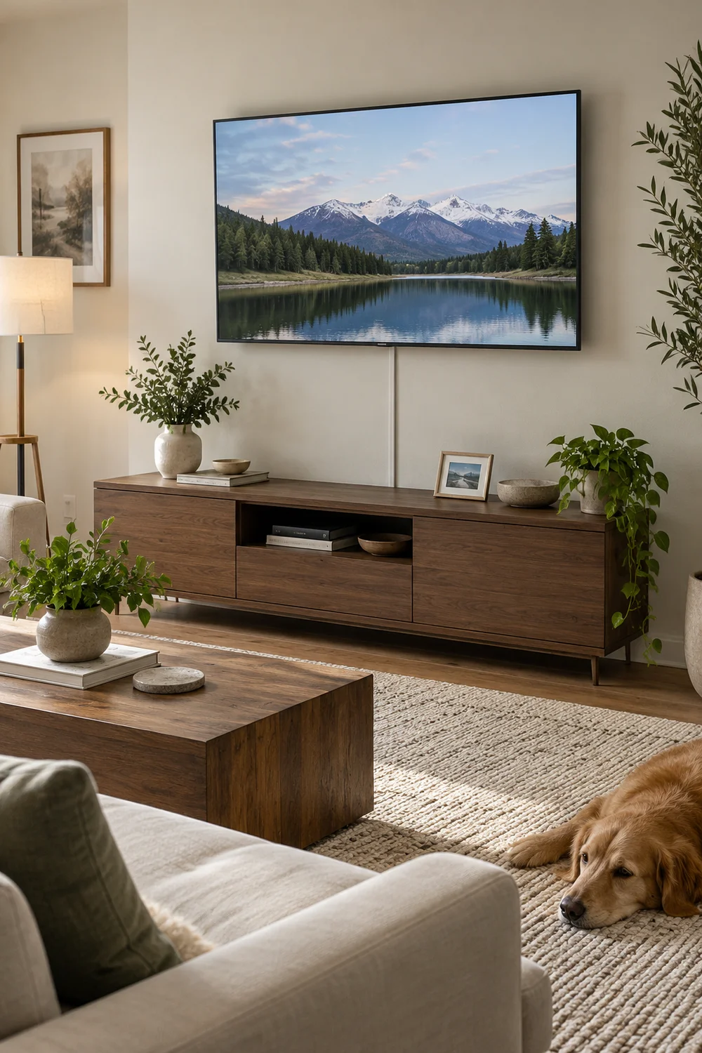 Single slim cable raceway running from console to wall mounted TV