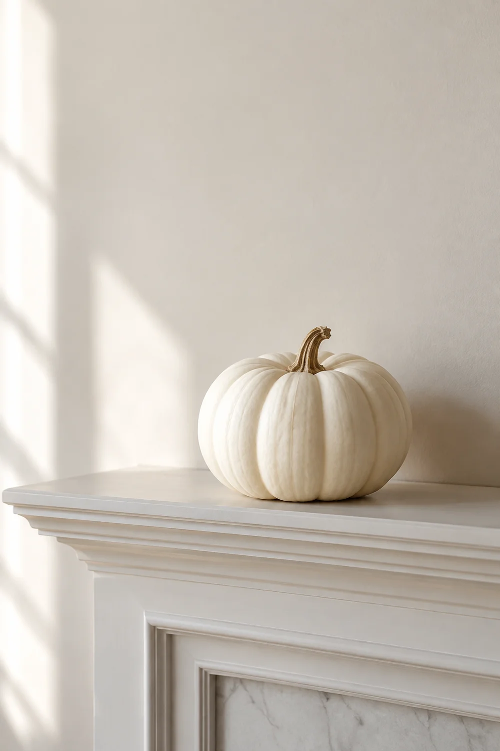 Single white pumpkin centered on a minimalist mantel