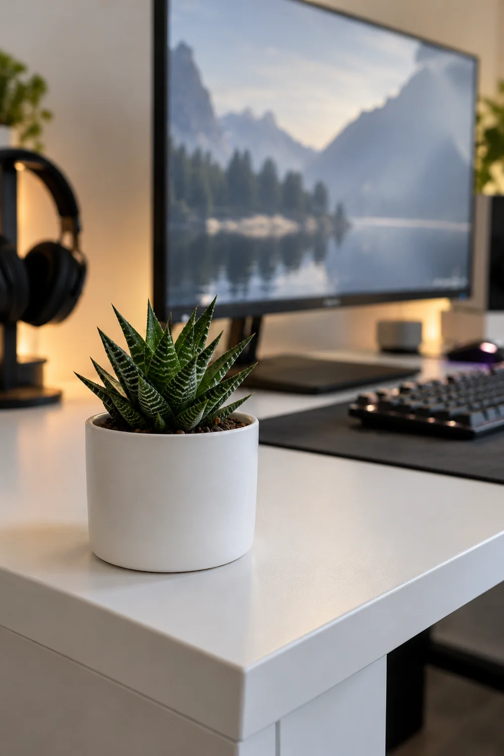 Small succulent in a plain pot on a minimal gaming desk