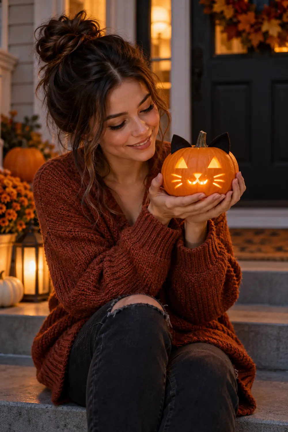 Tiny pumpkin carved with a cute cat face