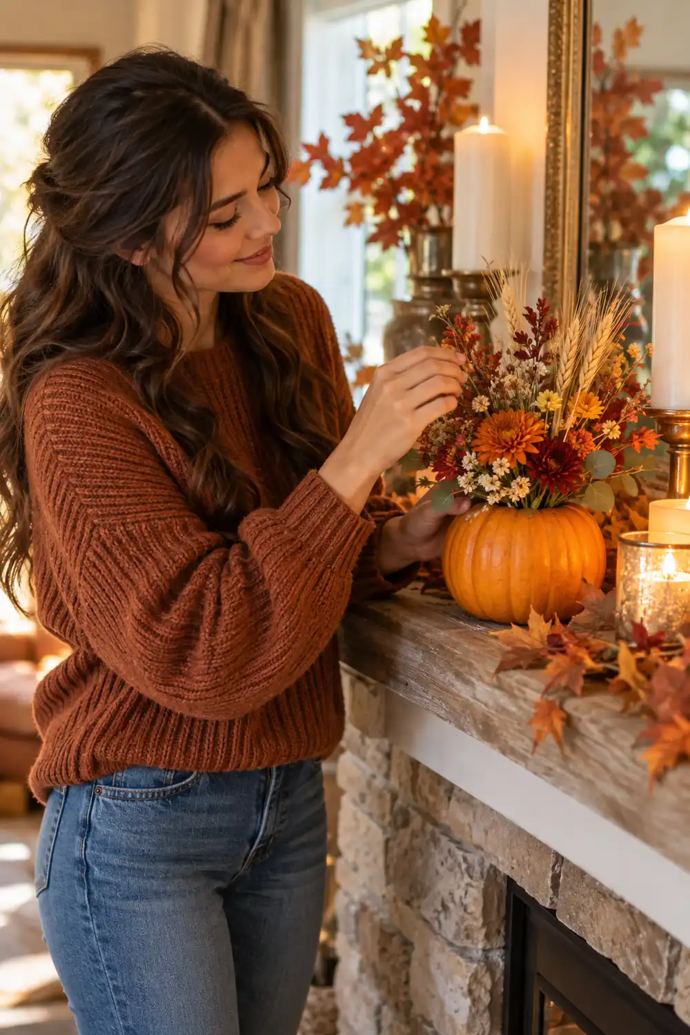 Mini pumpkin used as a vase with fall flowers