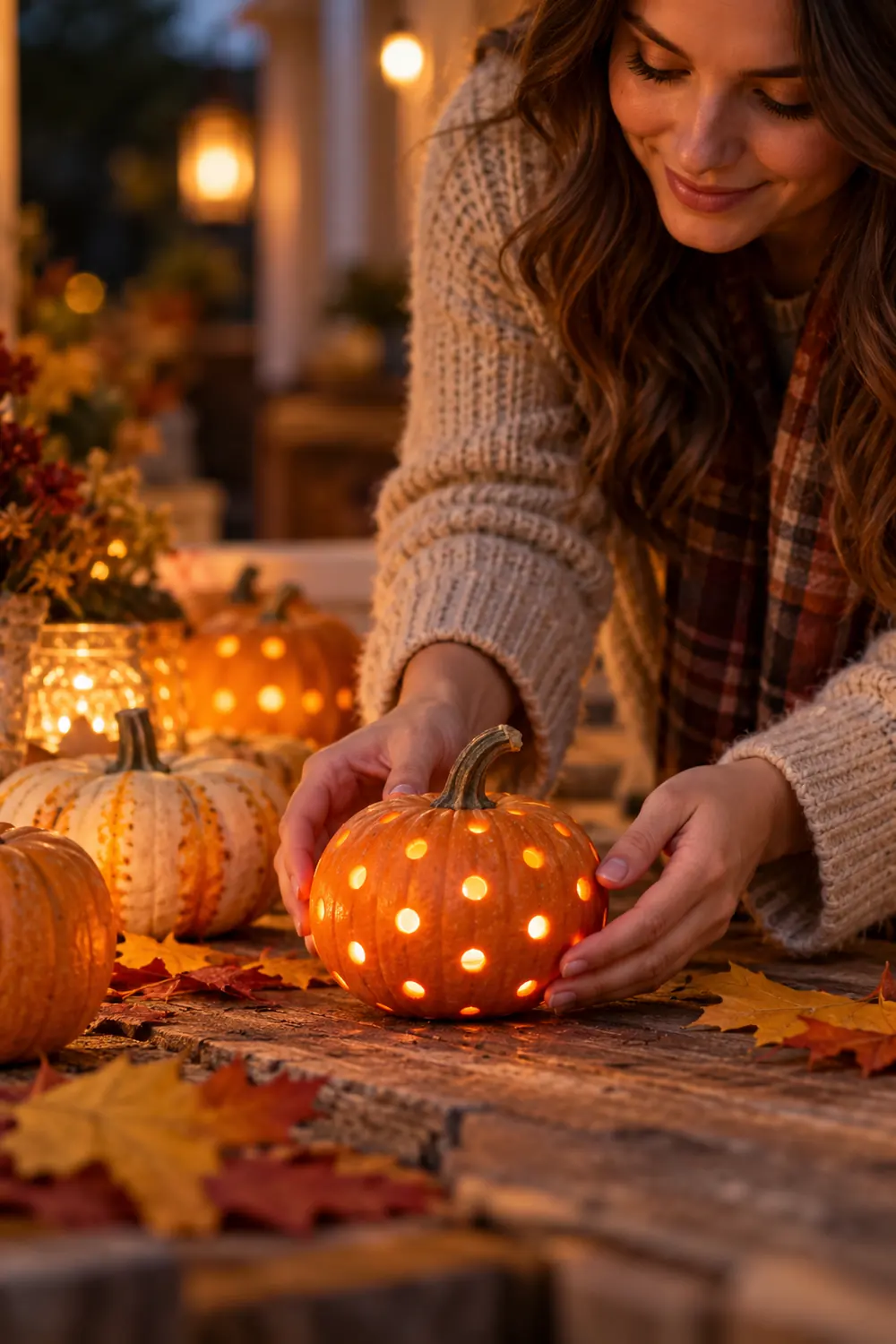 Mini pumpkin with drilled polka dots glowing