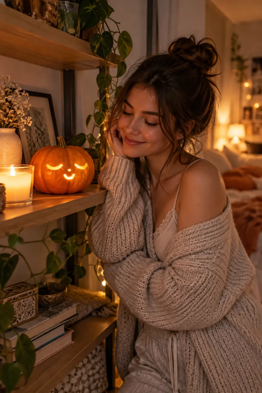 Mini pumpkin with sleepy closed eyes carved