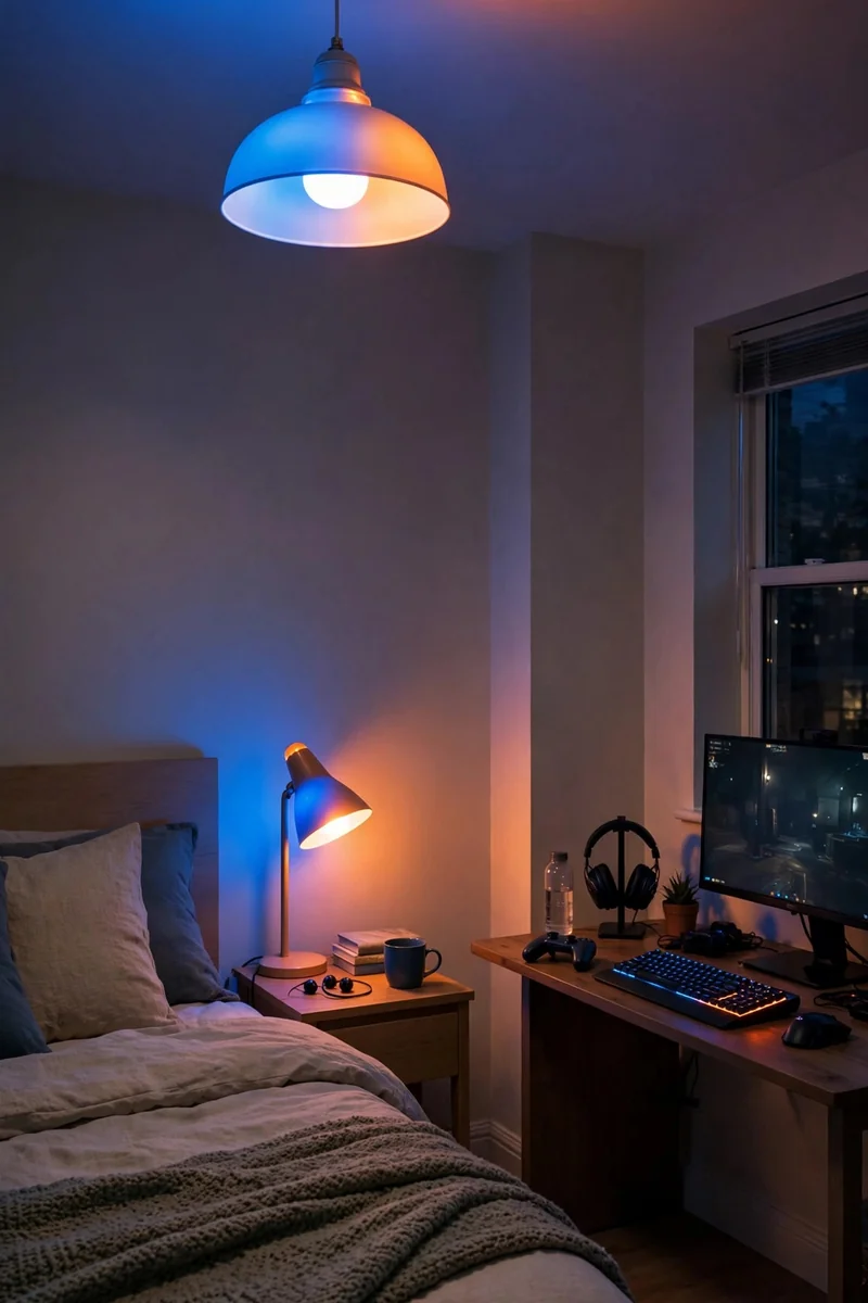 Smart bulbs glowing in colors in a rental gaming room