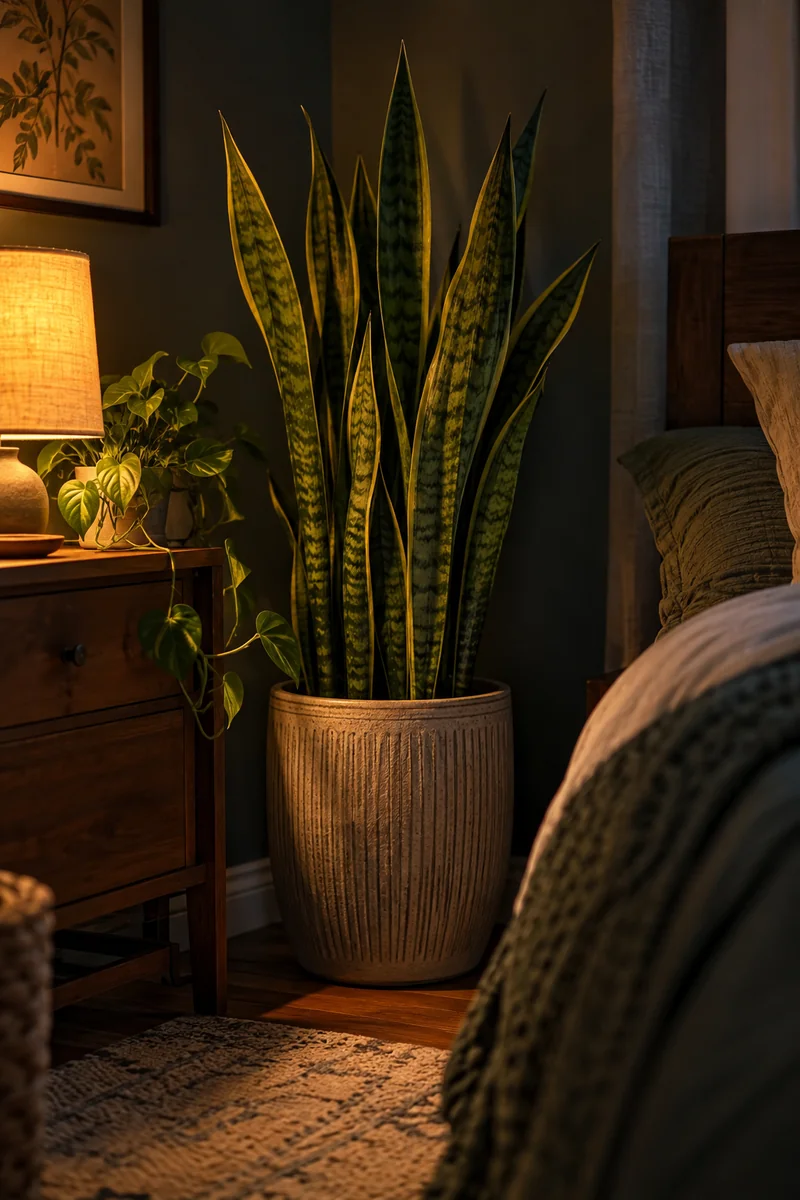 Snake plant thriving in a dimly lit bedroom corner