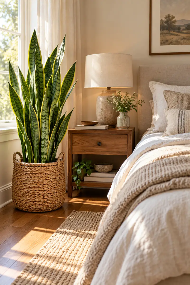 Snake plant in a woven basket next to a bedroom nightstand for greenery bedroom ideas