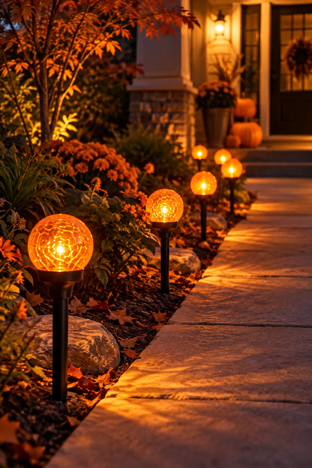 Solar Halloween path lights glowing along a walkway
