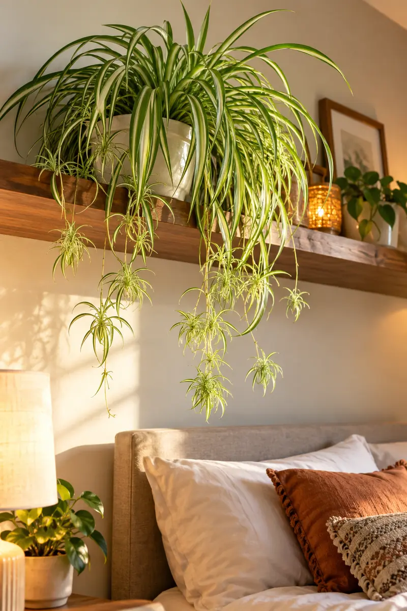 Spider plant with cascading leaves on a high bedroom shelf