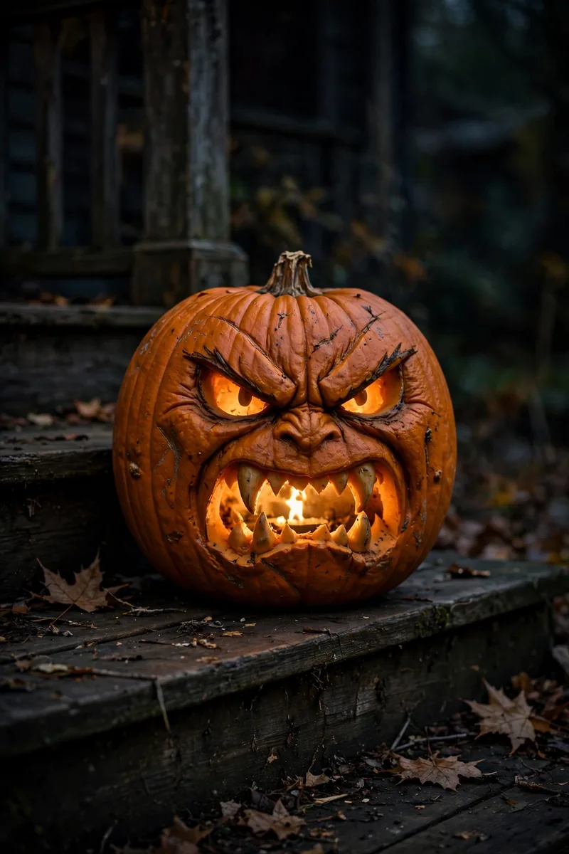 Angry spooky pumpkin face with slanted brows glowing at night