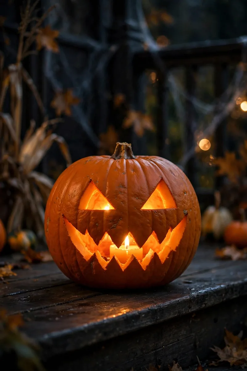 Classic spooky pumpkin face with triangle eyes glowing at night