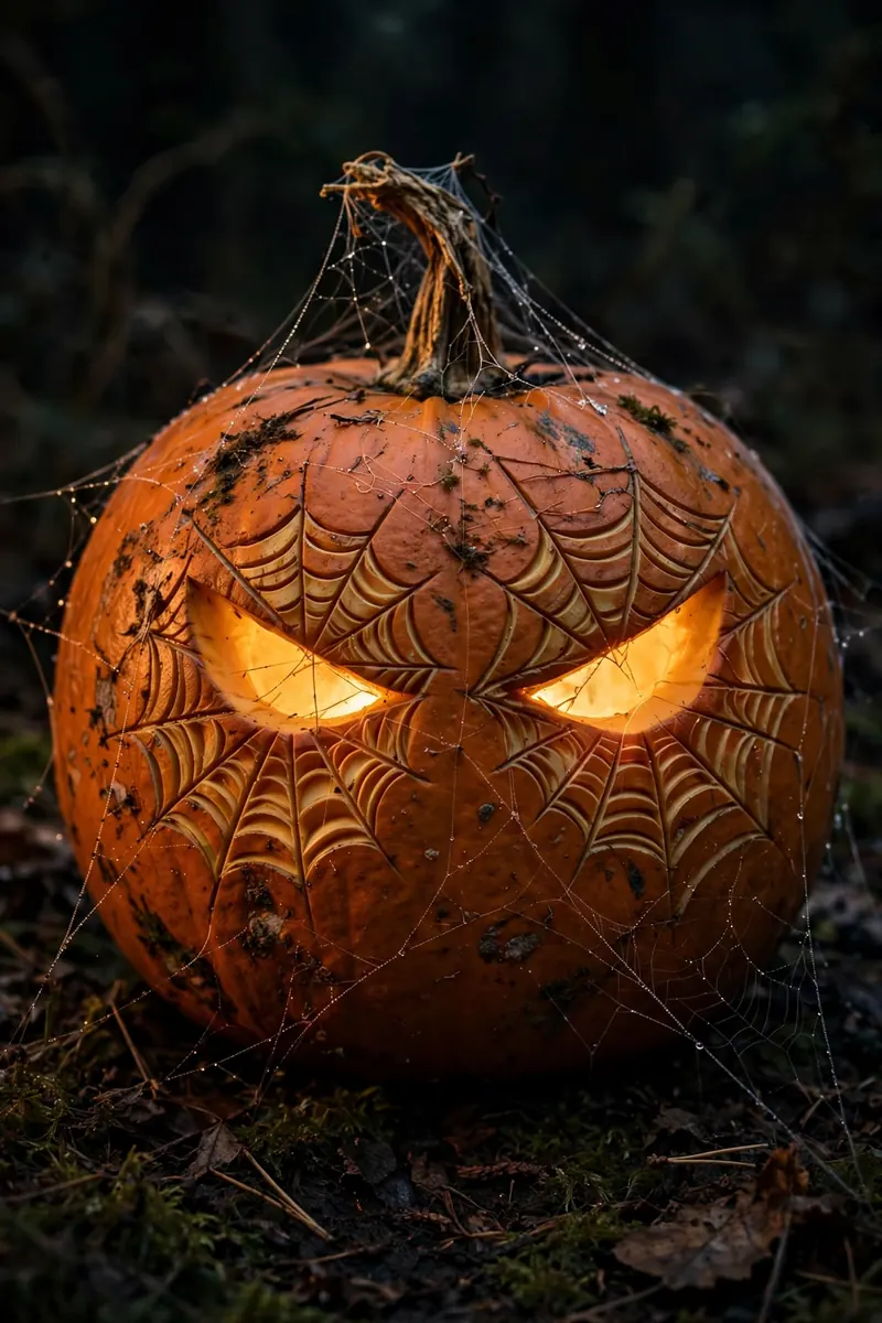 Spooky pumpkin face with etched cobweb around glowing eyes at night