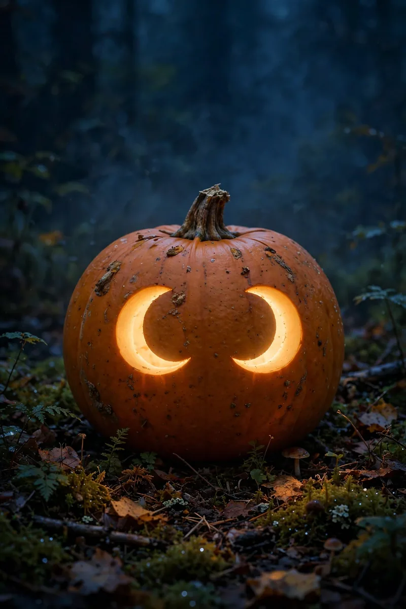 Spooky pumpkin face with crescent moon eyes glowing softly at night