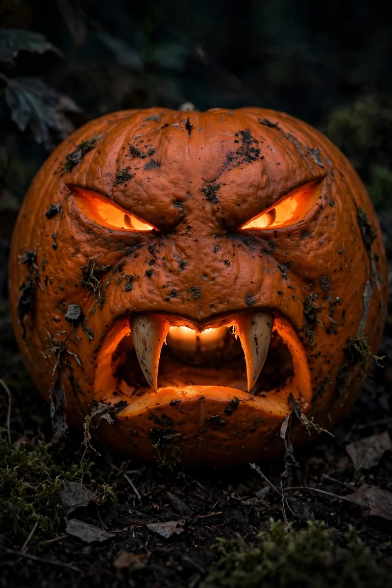 Spooky pumpkin face with vampire fangs glowing at night