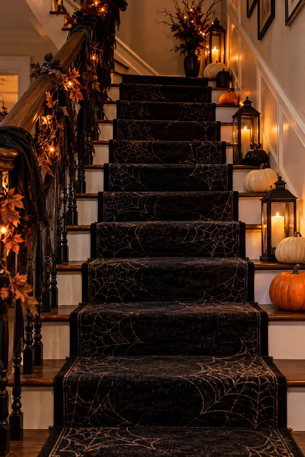 Dark Halloween runner rug laid up a staircase