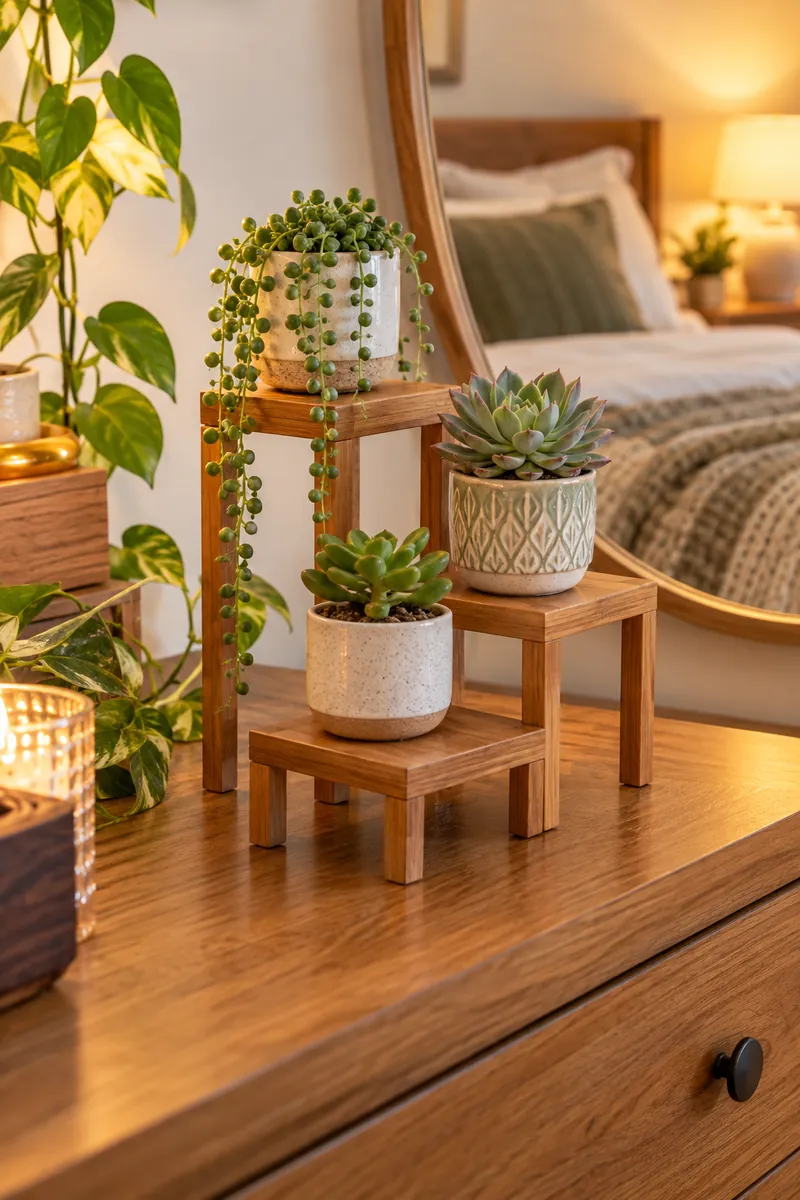 Stackable plant risers with small pots on a bedroom dresser