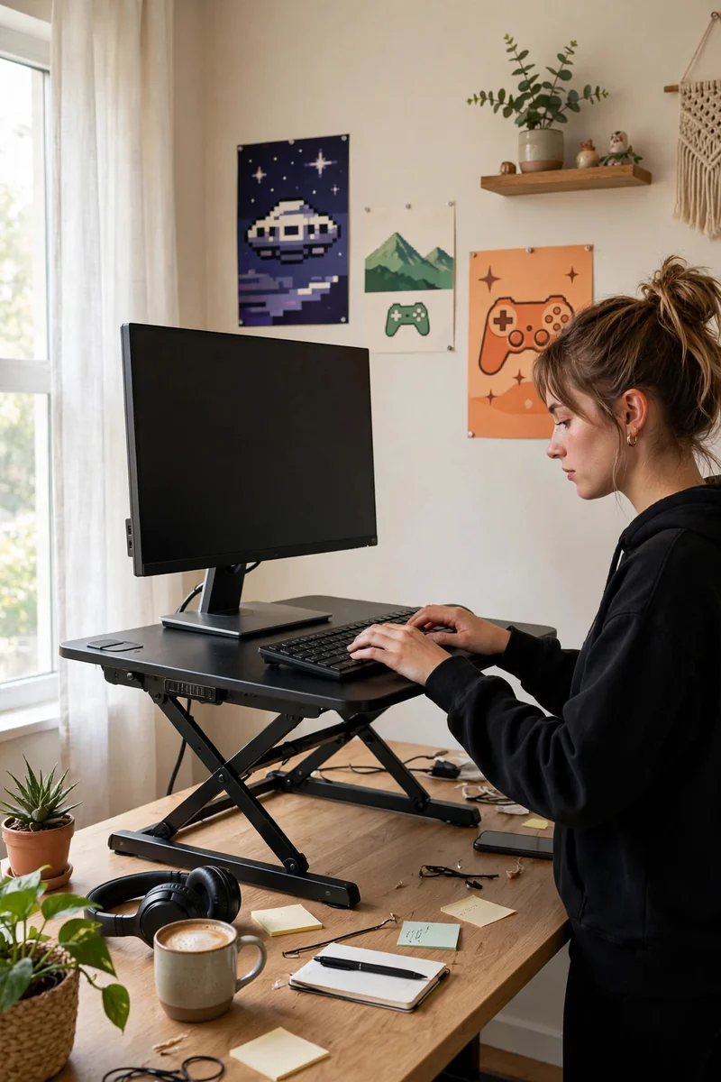Standing desk converter on a home office gaming desk