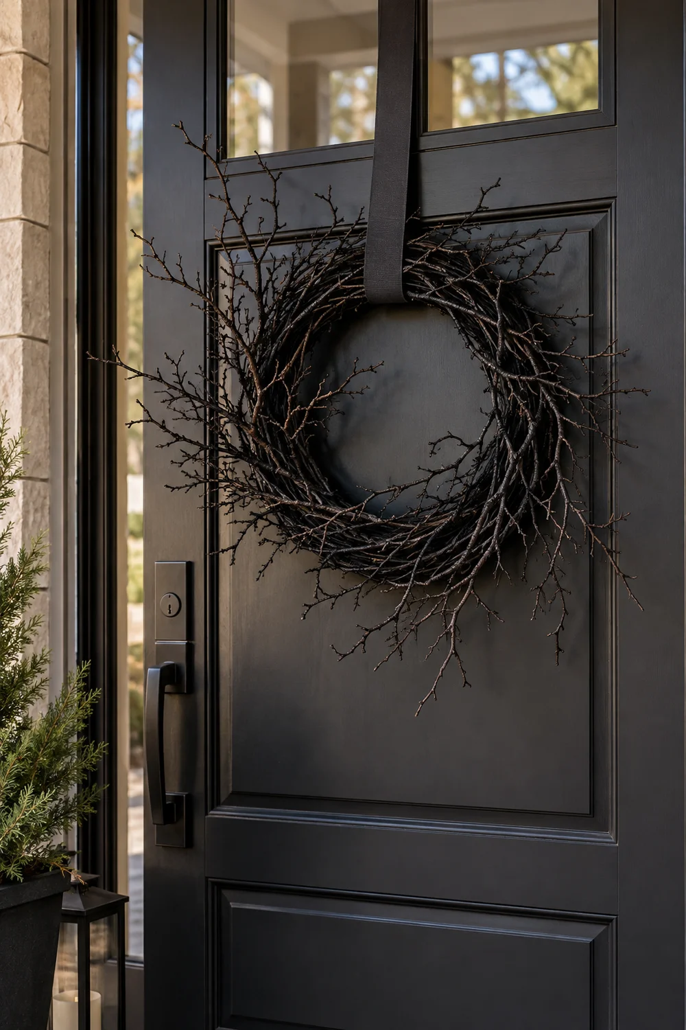 Minimalist black branch wreath on a front door