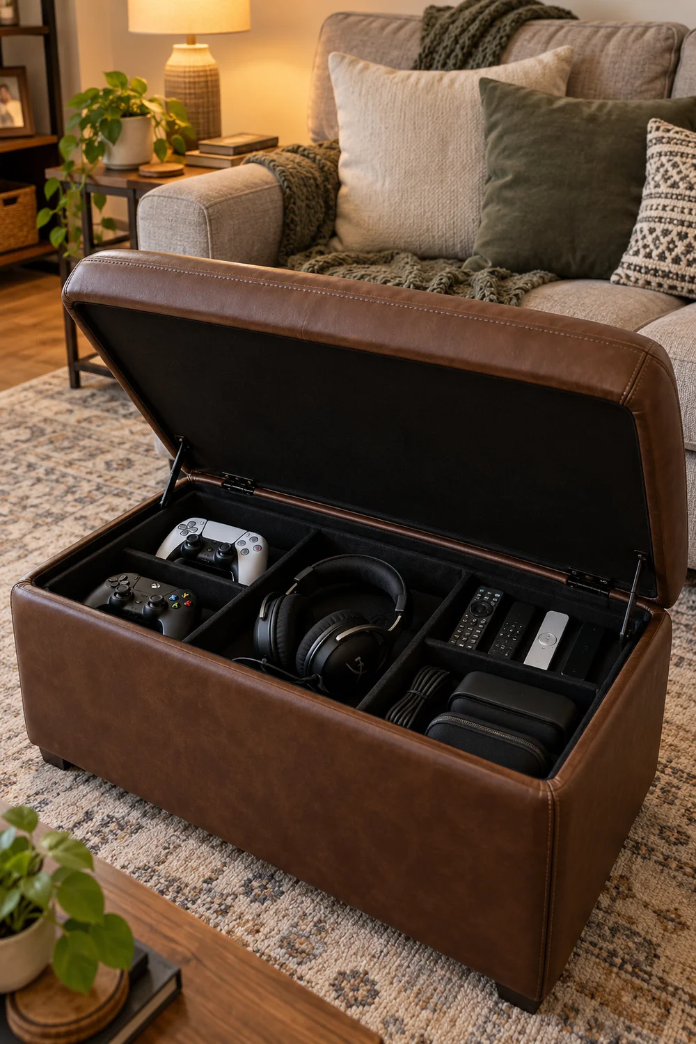 Storage ottoman holding controllers and headsets in a living room