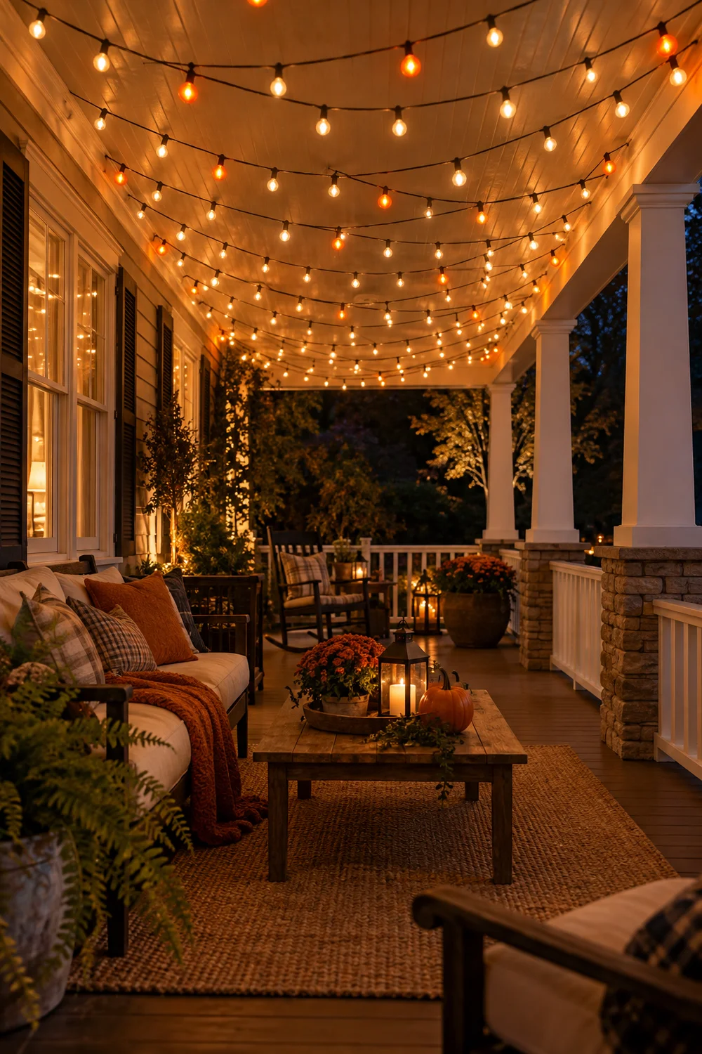 String lights hung as a glowing canopy over a porch