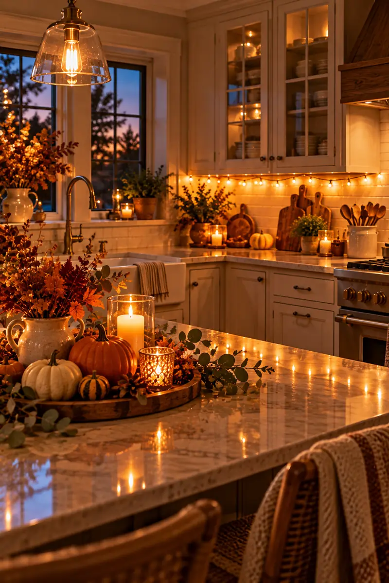 Warm string lights under kitchen cabinets for Thanksgiving