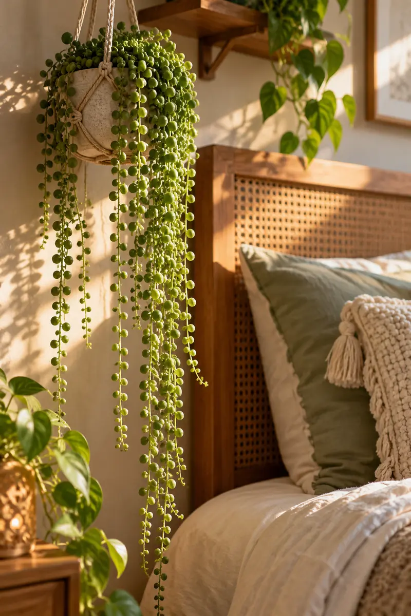 String of pearls trailing beside a bedroom headboard