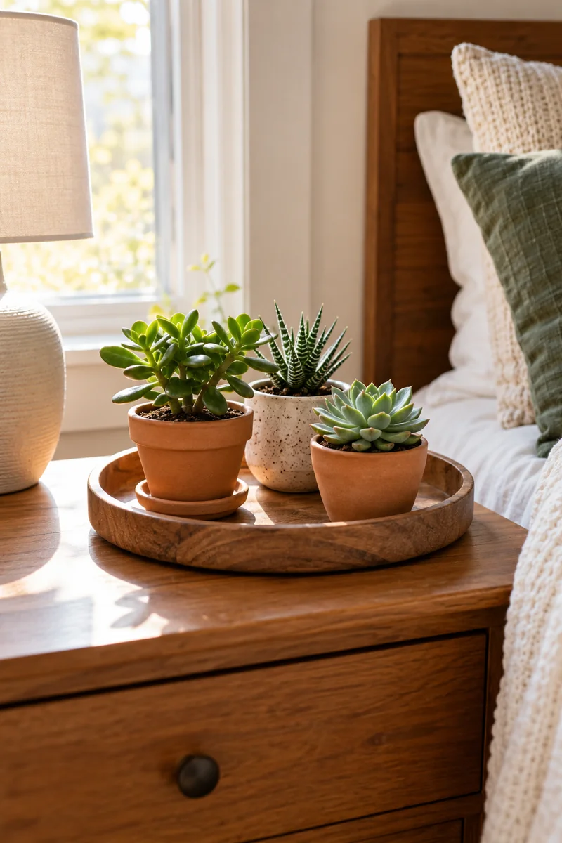 Three succulents clustered on a wooden tray on a bedroom nightstand
