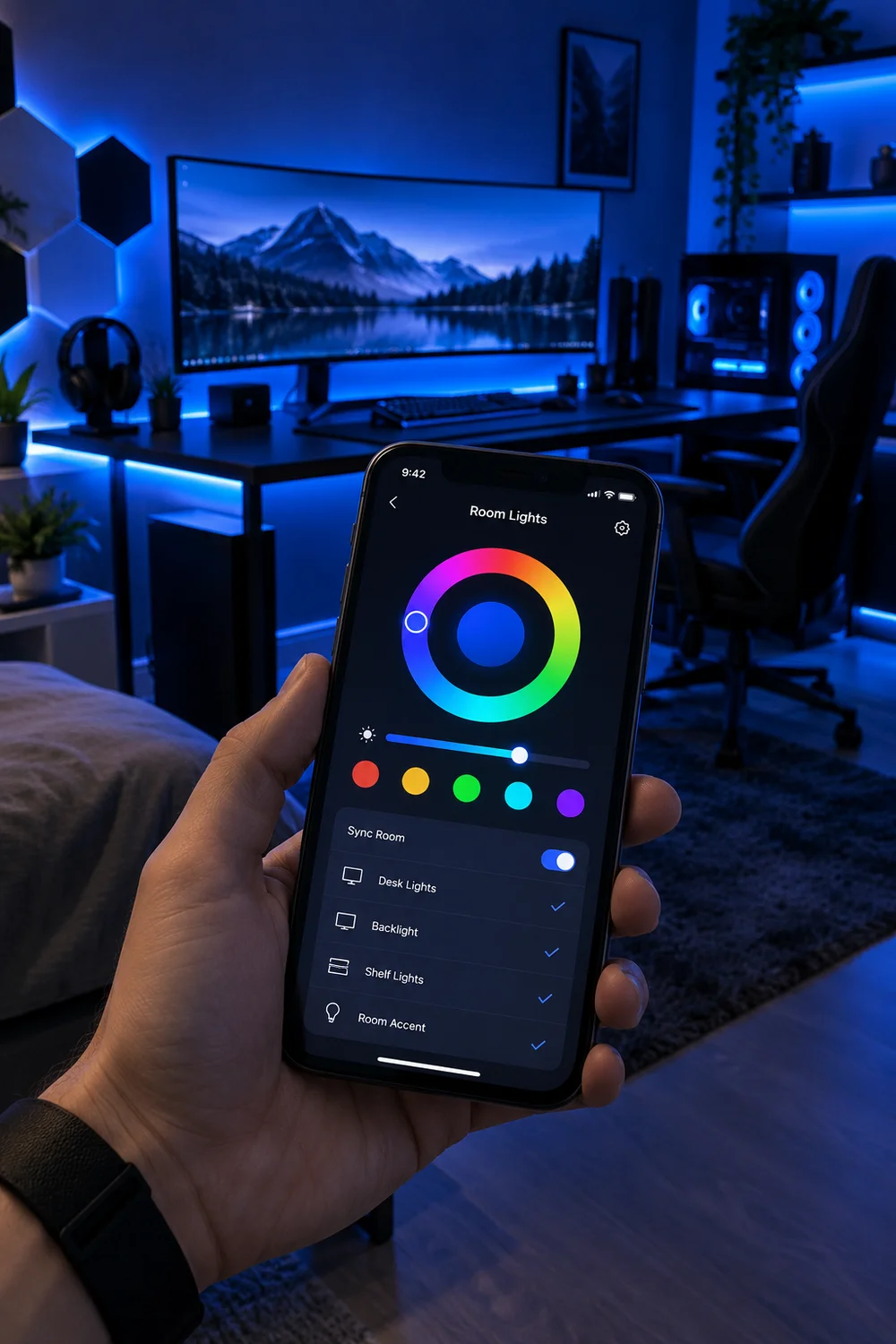 Phone app controlling synced RGB lights across a gaming room