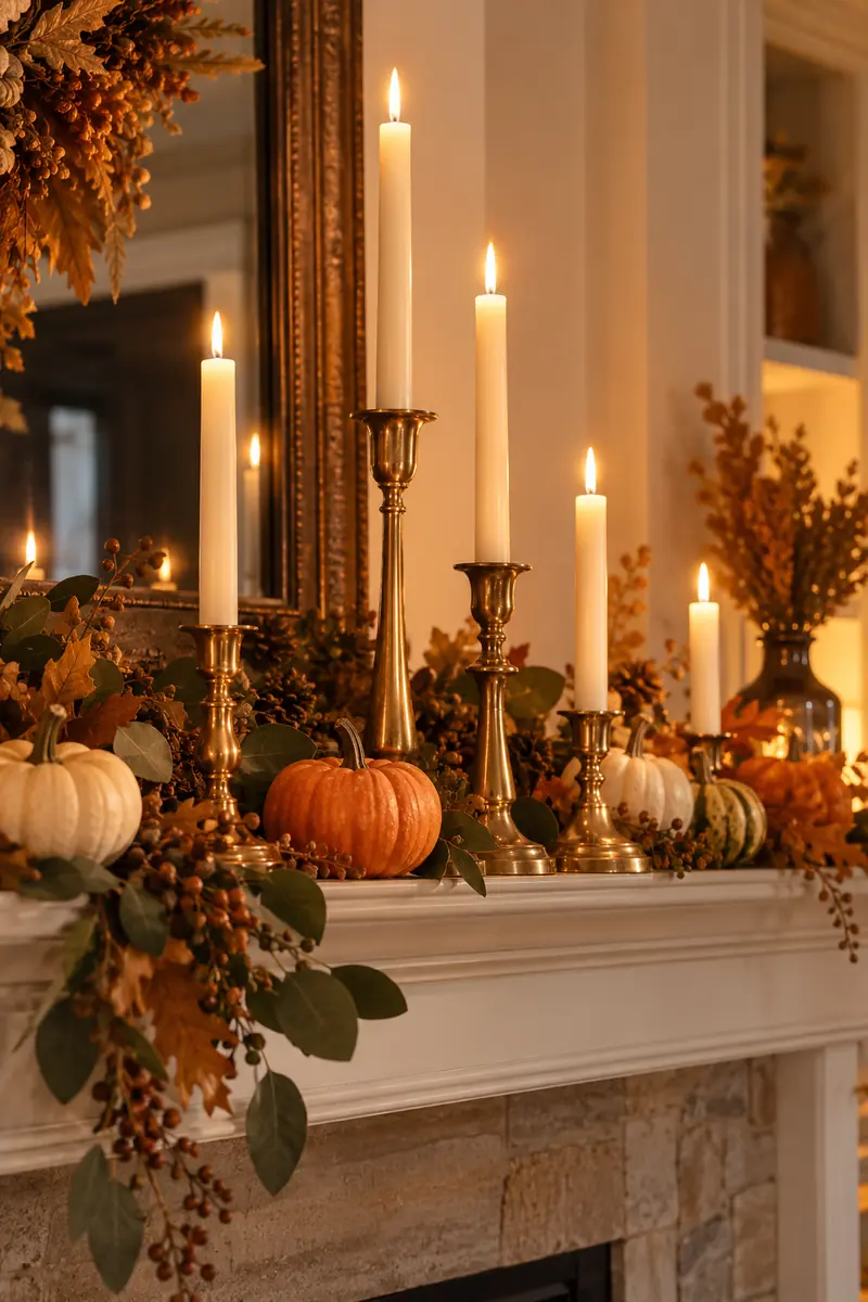 Cream taper candles in brass holders on a Thanksgiving mantel