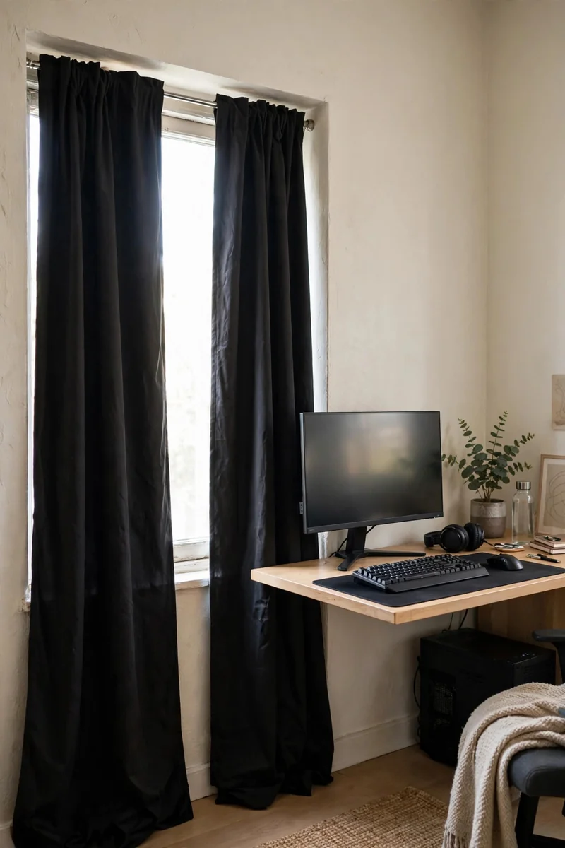 Blackout curtains on a tension rod in a rental gaming room
