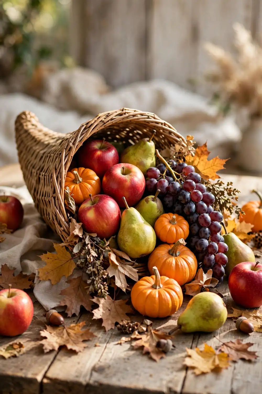 Wicker cornucopia overflowing with apples, pears, grapes and autumn leaves