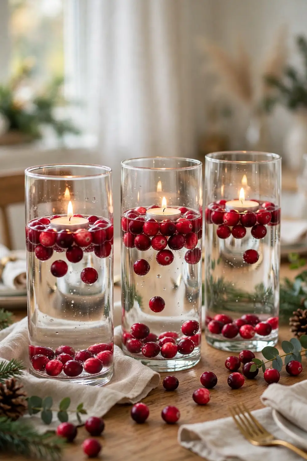 Three glass vases with fresh cranberries and floating candles