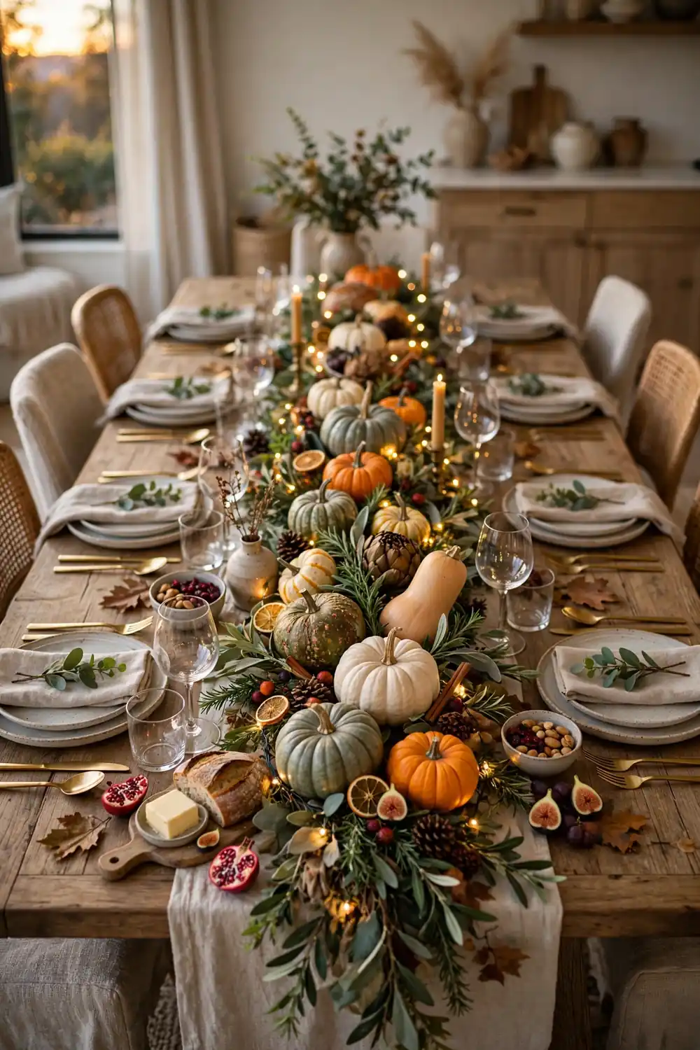Long garland of gourds and greenery with fairy lights down a dining table