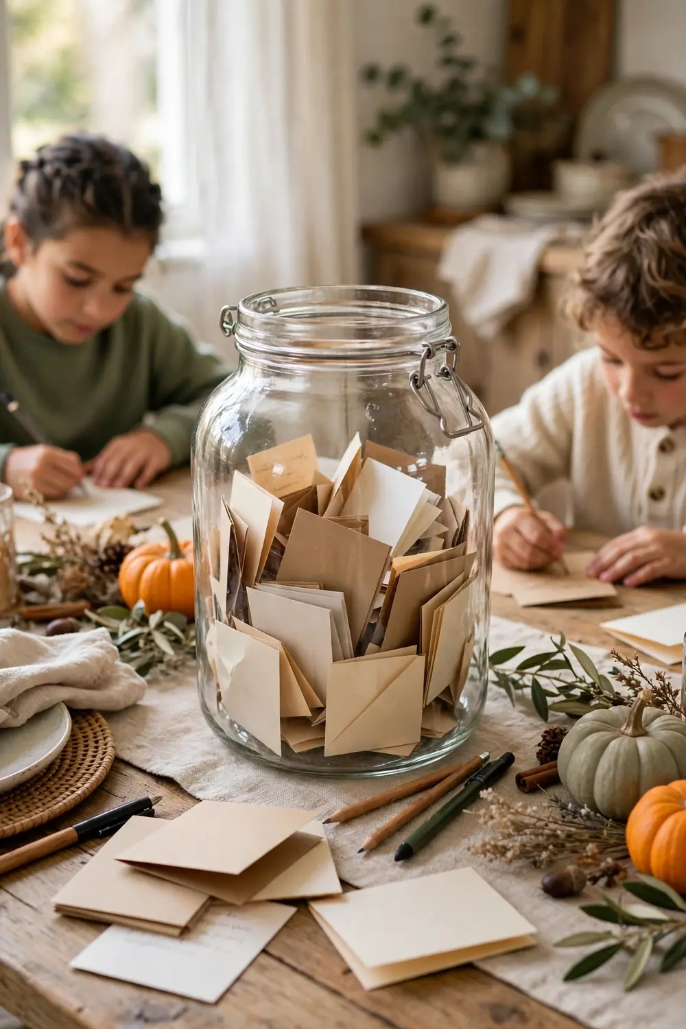 Big glass jar with handwritten gratitude cards and pens, kids writing at a table