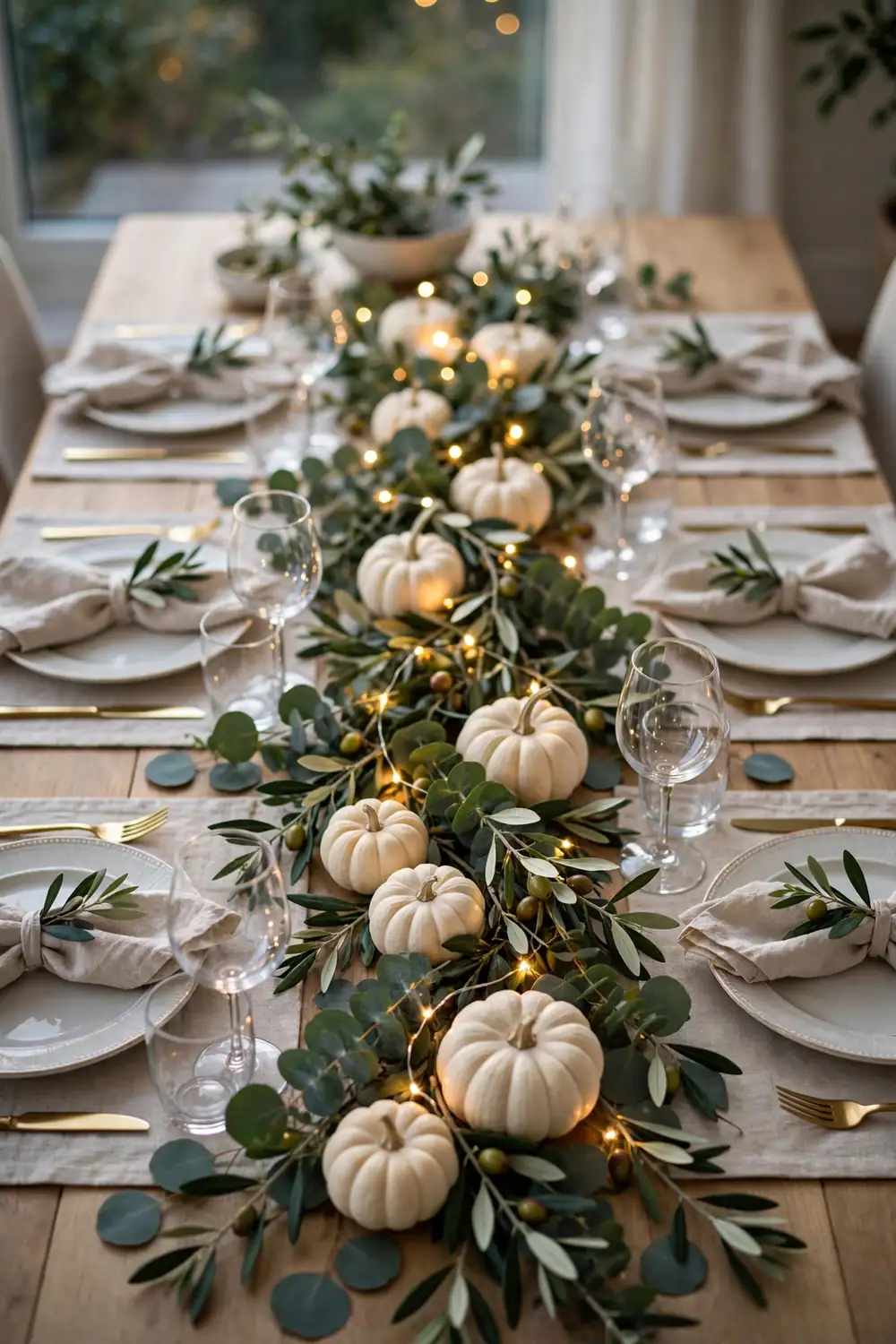 Low eucalyptus and olive branch runner with fairy lights and small white pumpkins